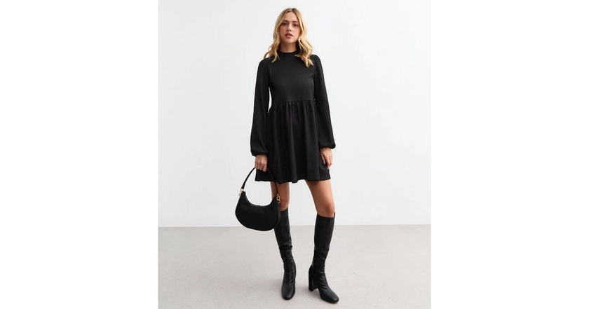 Black Funnel Neck Crinkled Mini Dress | New Look