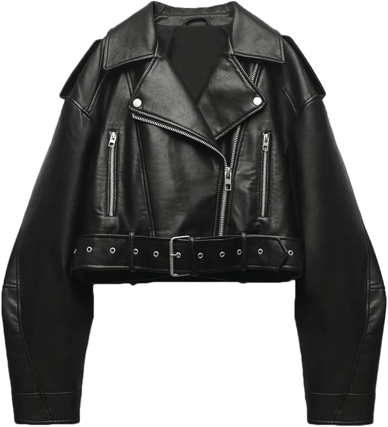 LY VAREY LIN Women Faux Leather Cropped Jacket Lapel Zipper Biker Short Coat with Belt