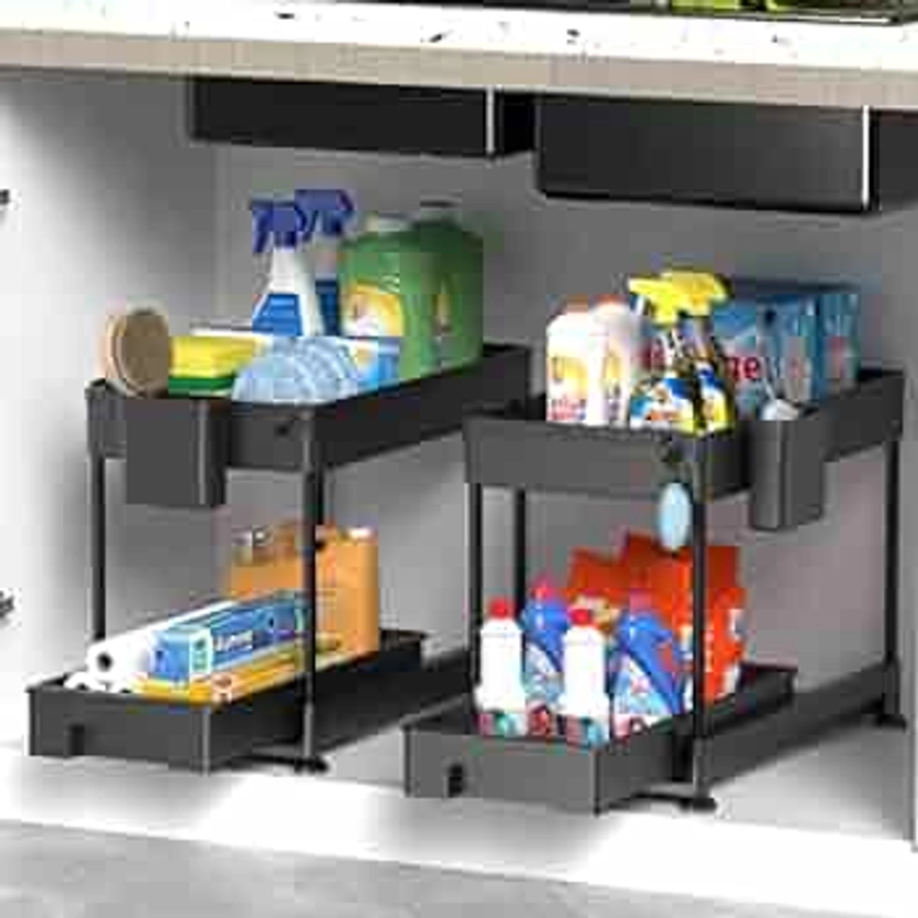 SAKA 2 Pack Sliding Cabinet Basket Organizer Drawers, Multi-Purpose Under Sink Organizers and Storage for Bathroom Kitchen Under Bathroom Sink Organizer with Hooks The Bottom Can Be Pulled Out, Black