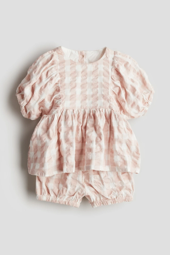 2-piece patterned muslin set - Regular waist - Round neck - Light pink/Checked - Kids | H&M GB