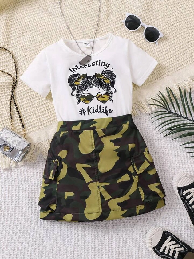 SHEIN Young Girl Letter & Character Printed Short Sleeve T-Shirt And Camo Cargo Skirt Set