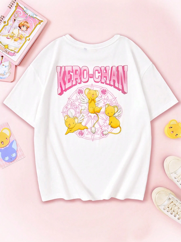 CARDCAPTOR SAKURA | SHEIN T-shirt à manches courtes d'été pour femmes avec impression mignonne de dessin animé et de lettres