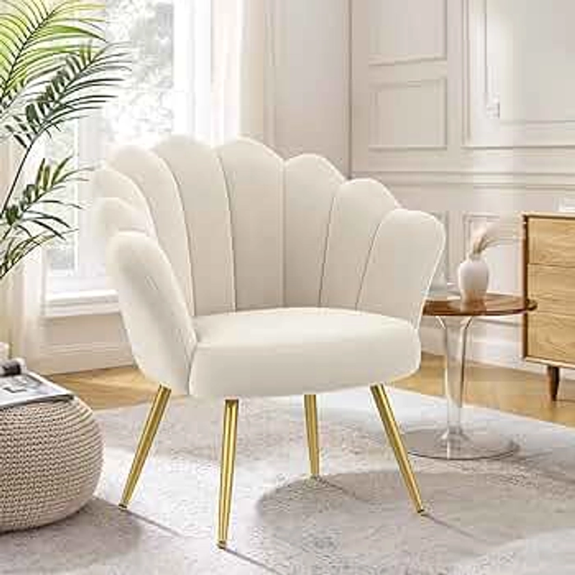 Alunaune Mid Century Velvet Living Room Chair Accent Chairs, Upholstered Vanity Chair for Makeup Room, Modern Barrel Arm Chair Guest Leisure Chair Comfy for Bedroom-Ivory