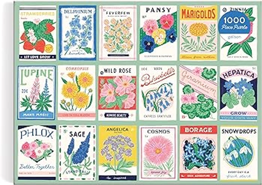 Galison Ever Upward – 1000 Piece Puzzle Fun and Challenging Activity with Bright and Bold Artwork of Vintage Style Flower Seed Packets for Adults and Families