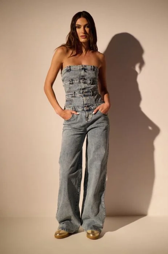 DENIM DENIM DENIM LAYERED JUMPSUIT IN BLUE DENIM