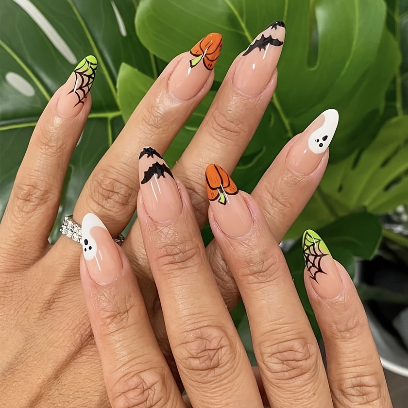 24Pcs Halloween Press-On Nails - Glossy Almond Shaped With Ghost, Bat & Spider Web Designs For Women And Girls