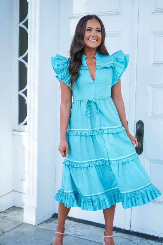 Moonlit Turquoise Ruffle Midi Dress