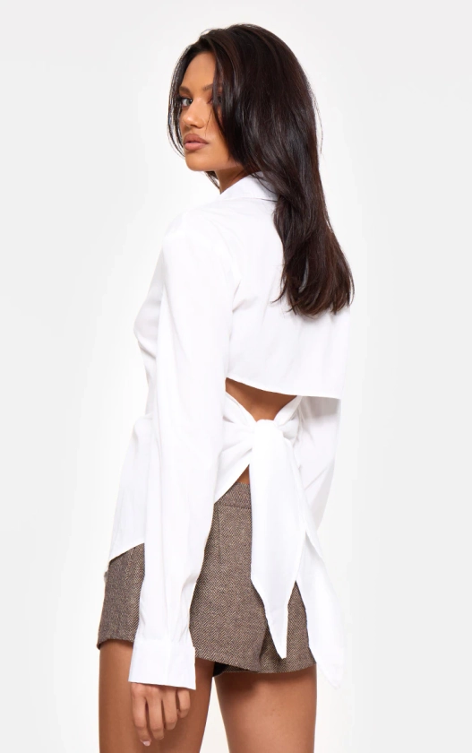 White Fitted Open Tie Back Shirt | Tops