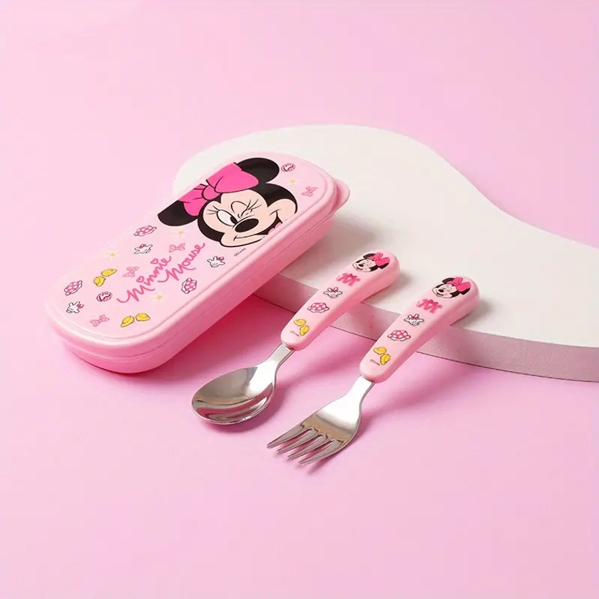 * Mickey & * 2-Piece Stainless Steel Fork And Spoon Set With Storage Box - Cute, Reusable Cartoon Tableware For Home, School, Camping - Perf