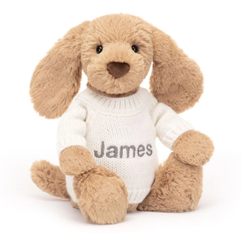 Bashful Toffee Puppy with Personalised Cream Jumper