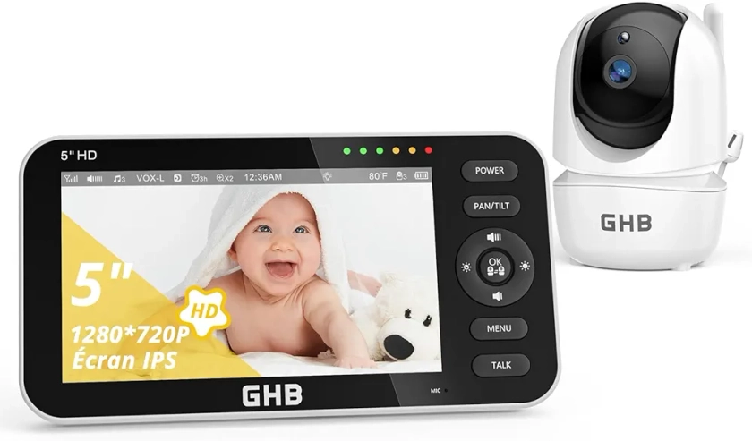 GHB Babyphone Camera Video 5" Camera Bebe 720P HD 4000mAh 350° Rotation Supporte 4 Caméras Capteur de Température VOX Vision Nocturne