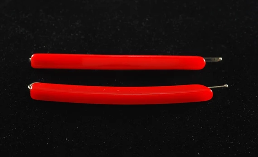 Vintage Hair Pins Bobby Pins Silver Metal Red Plastic Top Pair Accessory 2 1/2&quot;