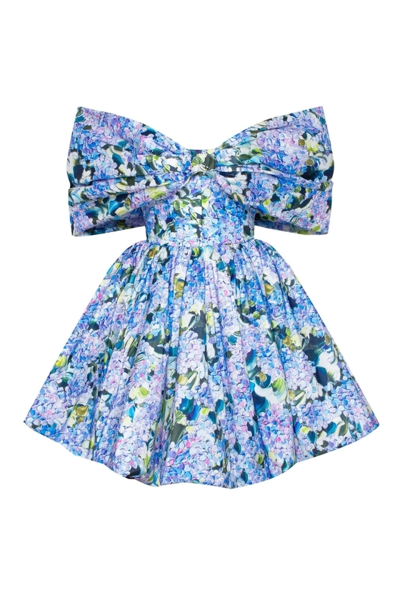 Blue Hydrangea bow-detailed mini dress