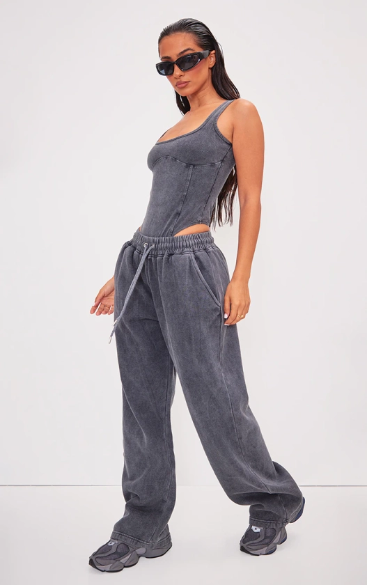 Petite Grey Washed Wide Leg Joggers | Petite