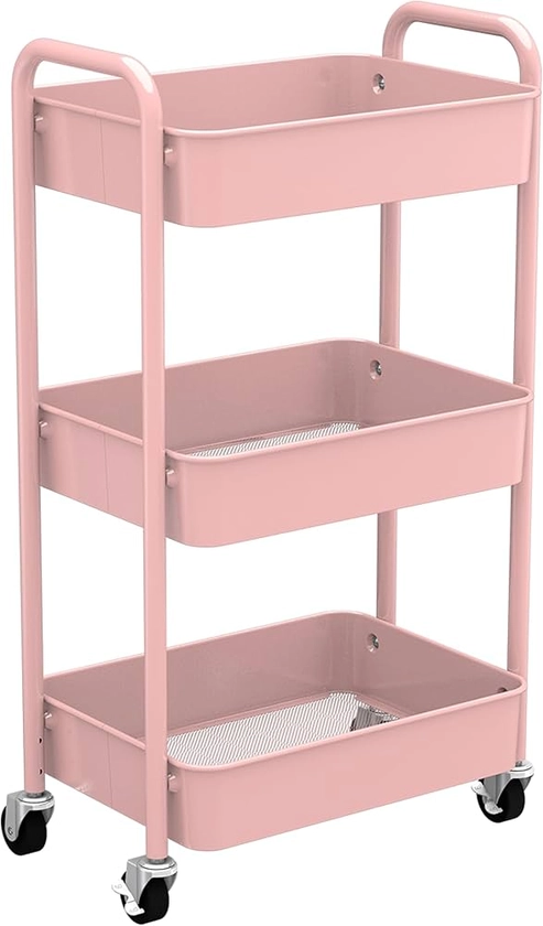 CAXXA 3-Tier Rolling Metal Storage Organizer - Mobile Utility Cart with Caster Wheels, Pink