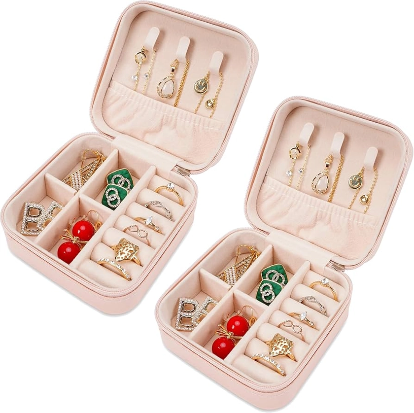 Small Travel Jewelry Boxes, Portable Jewelry Organizer Display Storage boxes for earrings, rings, necklaces, jewelry boxes for women. (Pink 2pcs).