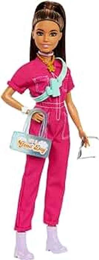 Barbie Doll in Trendy Pink Jumpsuit with Storytelling Accessories and Pet Puppy, Brown Hair in High Ponytail, HPL76