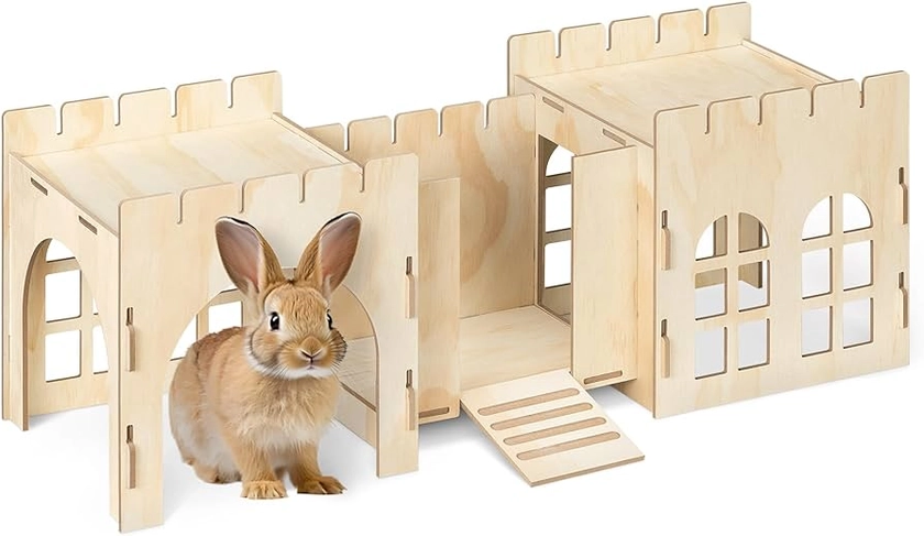 Navaris Rabbit Castle - Wooden Hideaway Playhouse for Pet Bunny - MDF & Pine Wood Rabbit Toy House - Bunny Hideout Fort - 69 x 24 x 25.5 cm