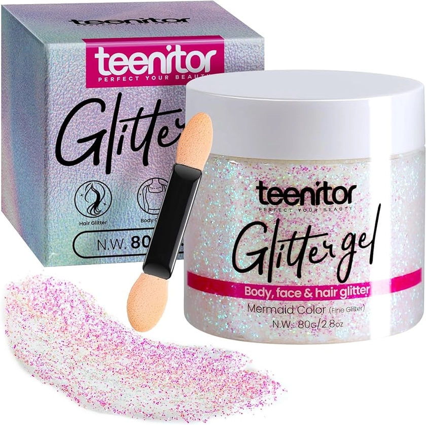 Teenitor Body Glitter, Holographic White Glitter, Body Glitter Gel, Hair Glitter Face Glitter, Glitter for Body Face Makeup Hair, Eye Glitter Glitter for Face Body Makeup