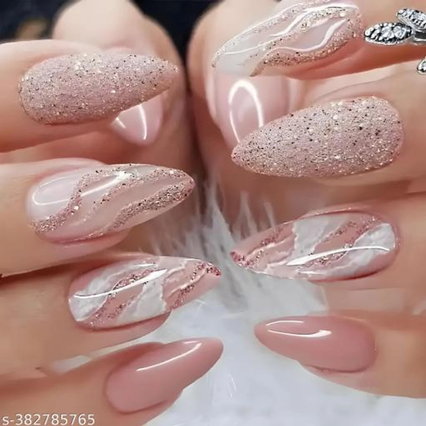 SFH High-Quality Mid-Length Almond Shaped Pink Nails with Golden Sparkling Glitter - Full Cover Artificial reusable nails Set of 24PCS