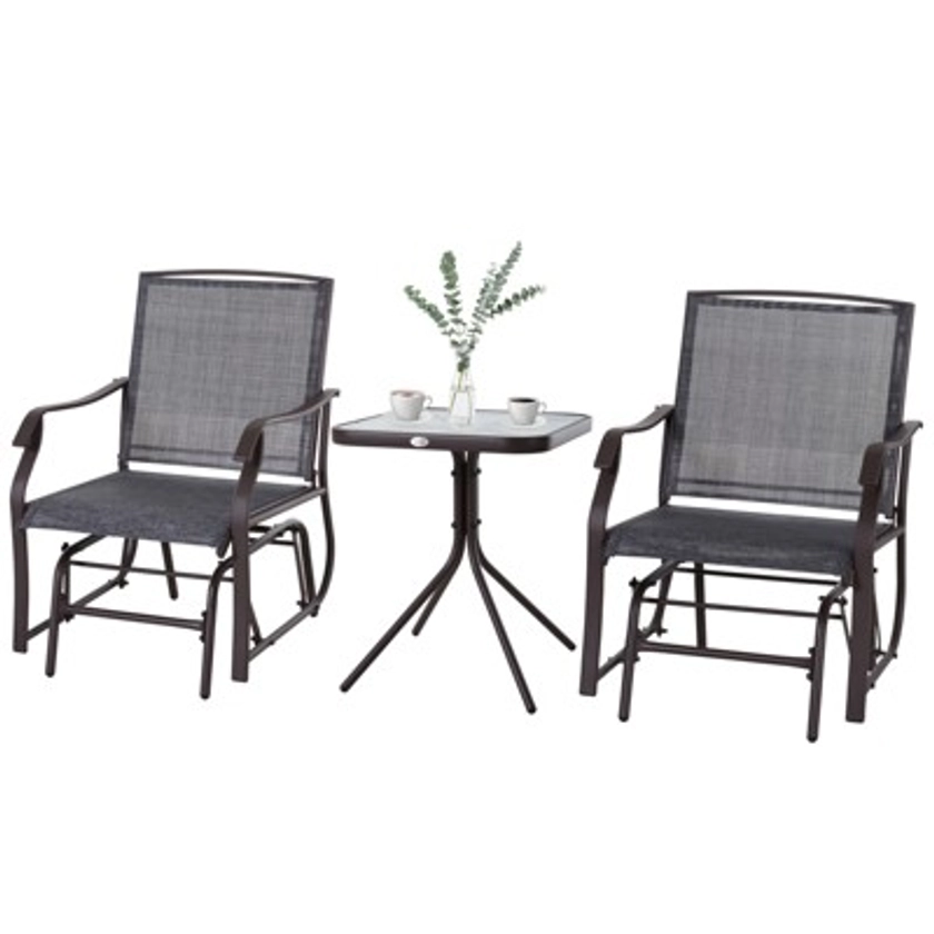 Outsunny 3 Pcs Outdoor Gliders Set Bistro Set with Glass Top Table for Patio, Garden, Backyard, Lawn, Gray