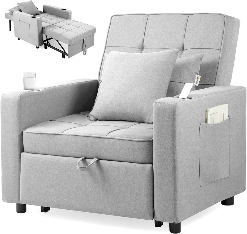 Makika Fauteuil Convertible Lit Tommy Pliable 3en1 avec Accoudoirs - Dossier réglable 6 Positions - 2 Coussins Porte-Boisson - Jusqu'à 150 kg Chauffeuse Rembourrée Canapé Salon Chambre Gris Clair