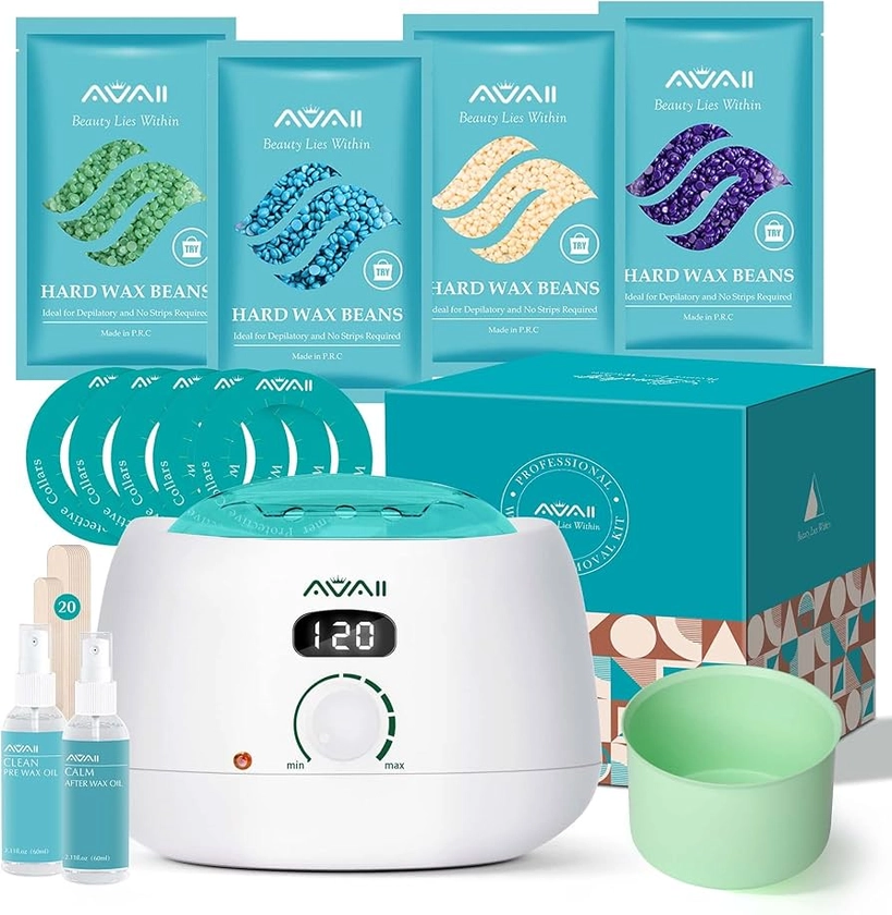 AVAII Kit D'épilation à la cire pour Femme, Chauffe Cire pour Epilation Avec Pot de Cire, 400 g de Perles de Cire Dure Pour le visage, Les Bras, Les Jambes et le Bikini