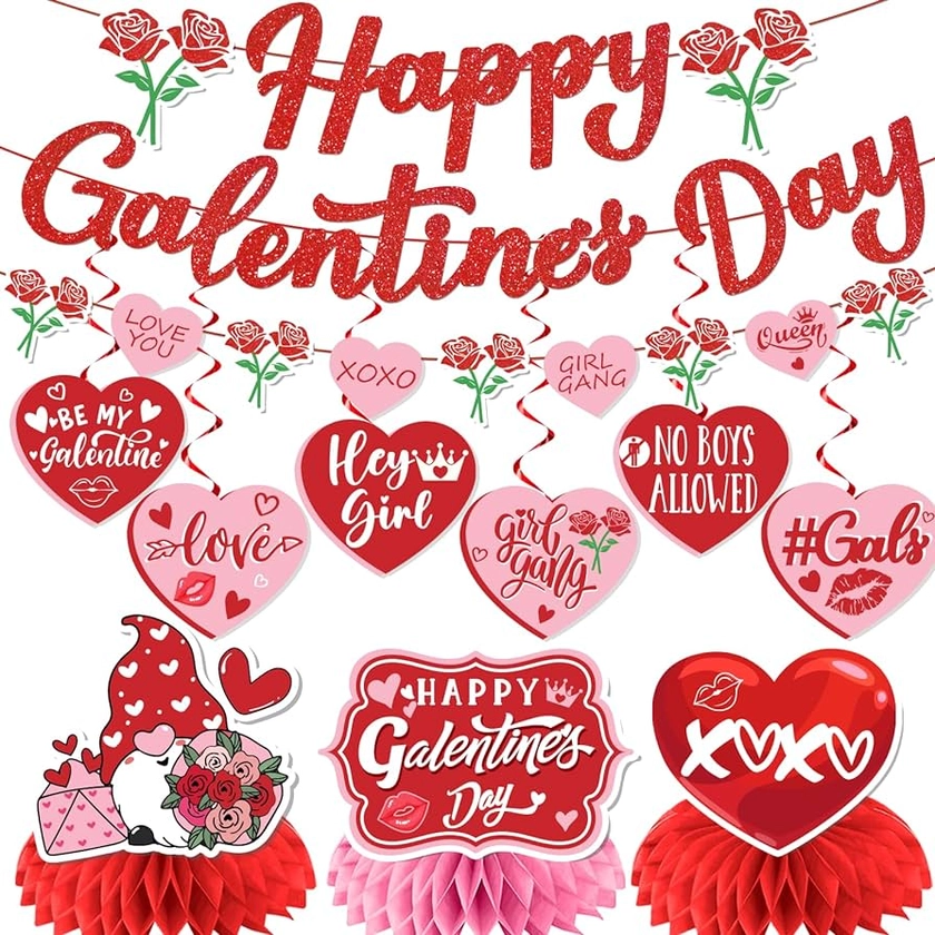 Galentines Day Decorations for Party, Galentines Day Party Decorations Banner Hanging Swirls Honeycomb Centerpiece, Galentines Day Decorations
