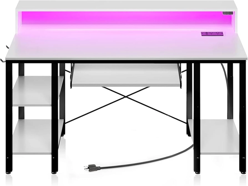 Rolanstar Computer Desk 55 inch with LED Lights & Power Outlets, Gaming Desk with Storage Shelves, Home Office Desk with Keyboard Tray, Writing Desk with Monitor Stand, Study Desk, White