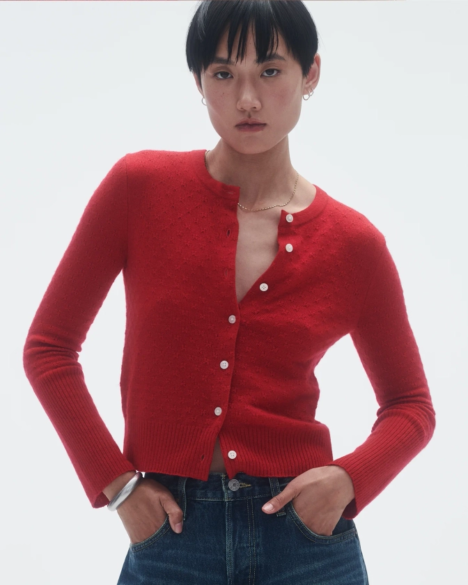 Jane Pointelle Cardigan In Cashmere  - True Red