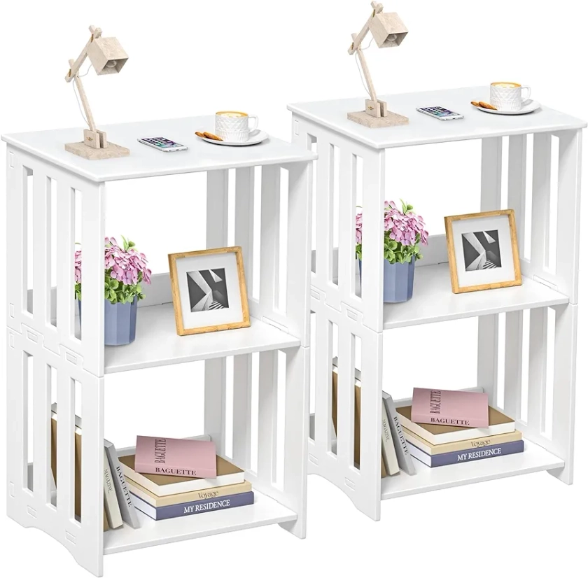 3 Tier End Table NightStand Set of 2, Narrow Side Table with Display Shelf, Small Bookcase Bookshelf, Bedside Table Storage Rack for Bedroom, Living Room Office Bathroom (White)