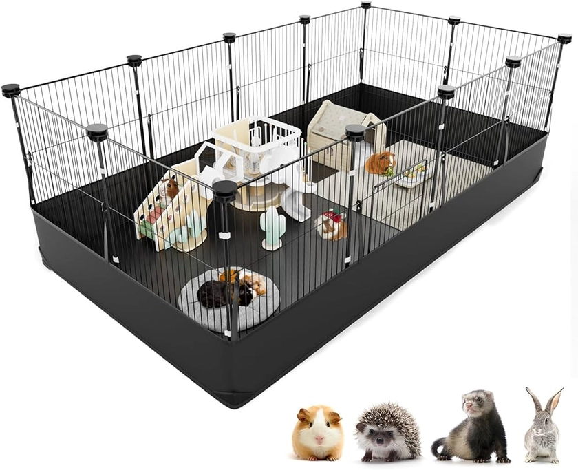 Tresbro Guinea Pig Cage with Waterproof PVC Bottom Liner & One-Hand Release Hook, Triple Fixing C&C Cage for Guinea Pigs, Bunny, Rabbit, Hedgehog, Small Animal Indoor Playpen 48''L x 24''W x 16''H