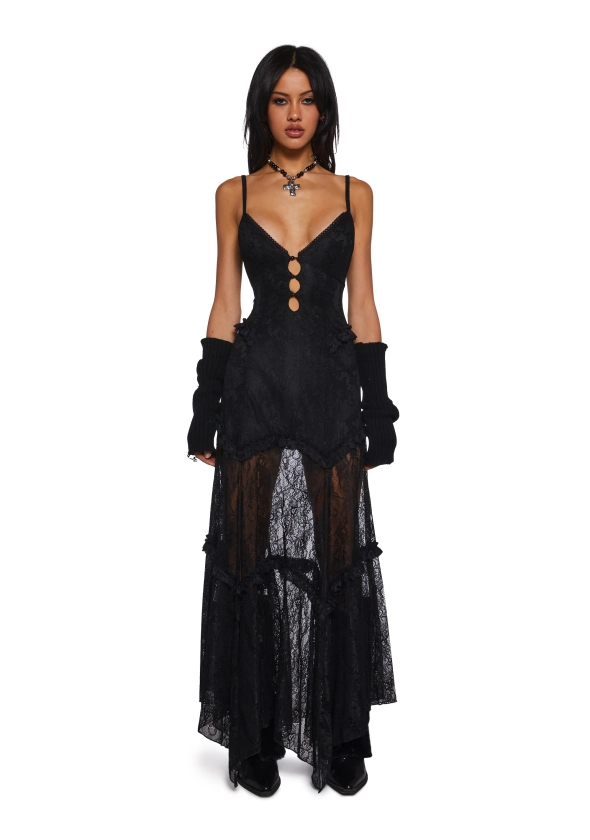 Lace Maxi Dress With Ruffles And Cut Outs Current Mood - Black