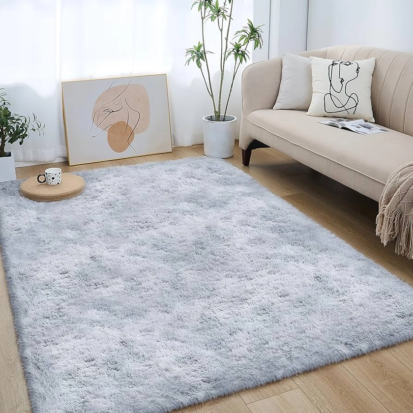 Soft Shaggy Area Rugs for Living Room, 4 x 5.2Ft Upgrade Non-Slip Fluffy Carpet Modern Plush Bedroom Rug Tie-Dyed Light Grey, Cozy High Pile Rug Washable for Living Room Bedroom Home Decor