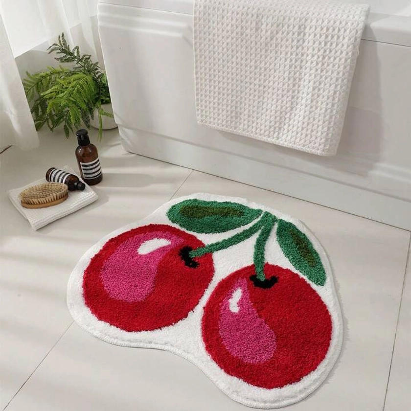 Cute Fruit Cherry Shaped Anti-Slip, Machine Washable Bathroom Mat For Kids' Washroom Or Household Decor Rug
