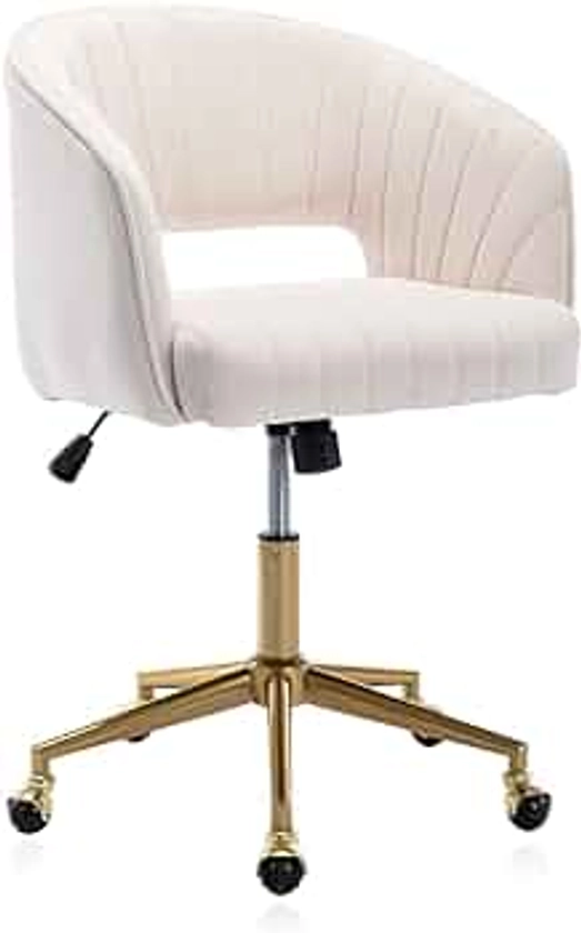 Qtivii Velvet Home Office Chair, Modern Office Chair with Gold Base, Home Office Desk Chair for Living Room, Bedroom, Vanity, Study (Beige) Material: Metal
