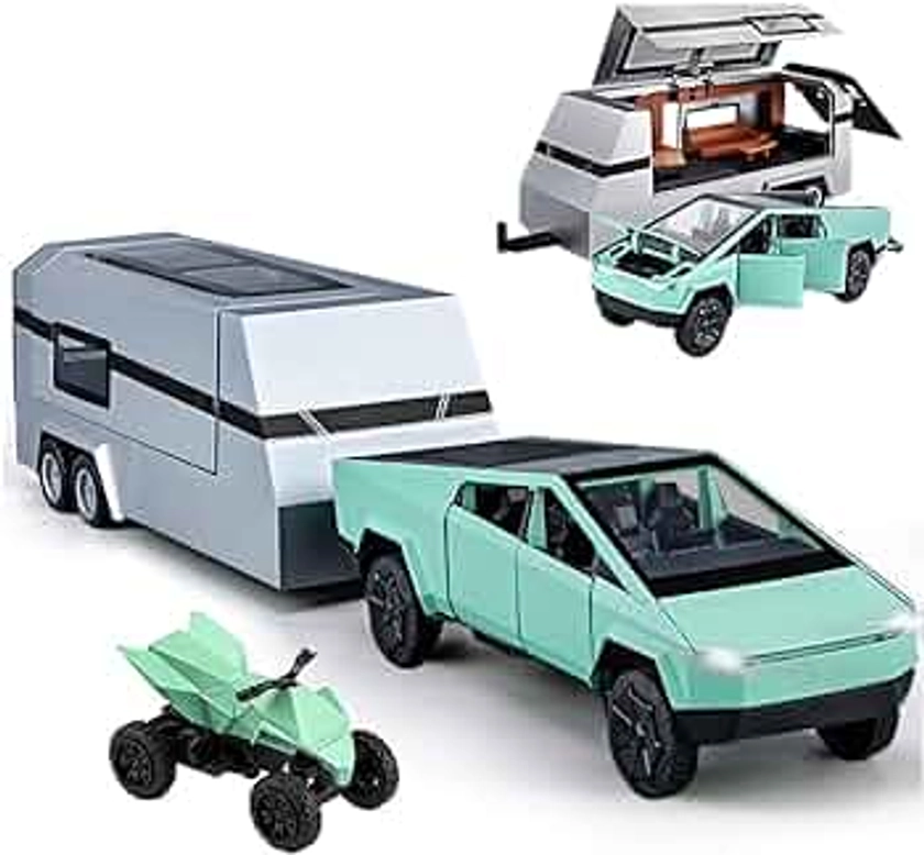 Pickup Trailer RV Model, Metal Pick-Up Truck Trailer Toy with Motorcycle, Toy Truck with Sound/Light/Pull Back/Realistic Interior Exterior,Ideal Toy Car Vehicle Gifts (1/32 Green Pickup Trailer RV)