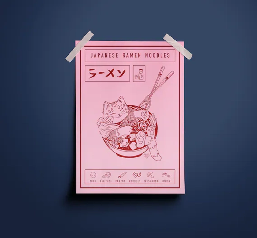 Japanese Ramen Noodles Cat Illustrated Art Print | Cat Lover Unique Gift | Maneki Neko Poster