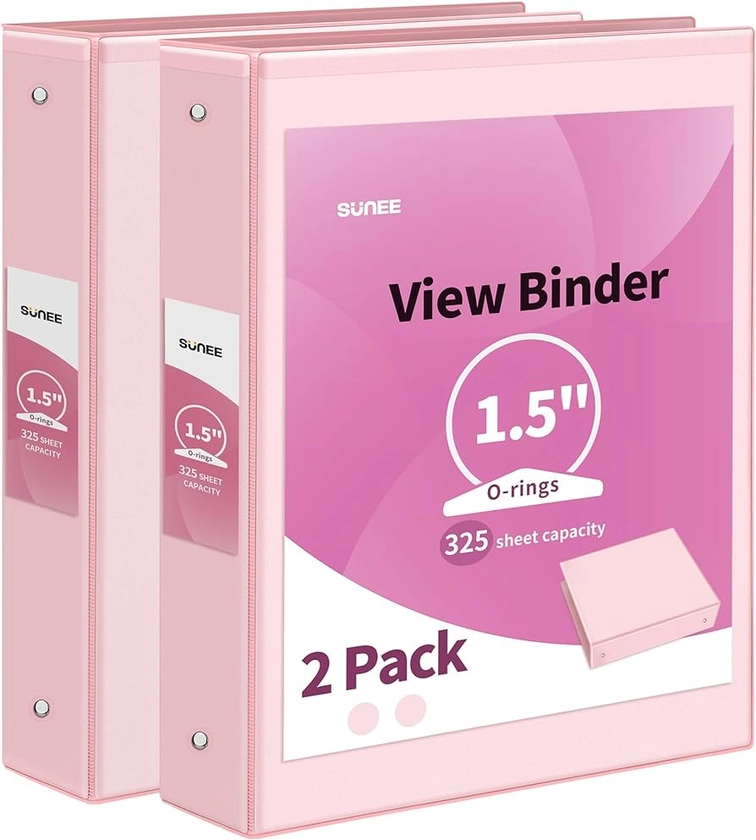 SUNEE 3 Ring Binder 1.5 Inch 2 Pack, Clear View Binder Three Ring PVC-Free (Fit 8.5x11 Inches) for School Binder or Office Binder Supplies, Pink Binder