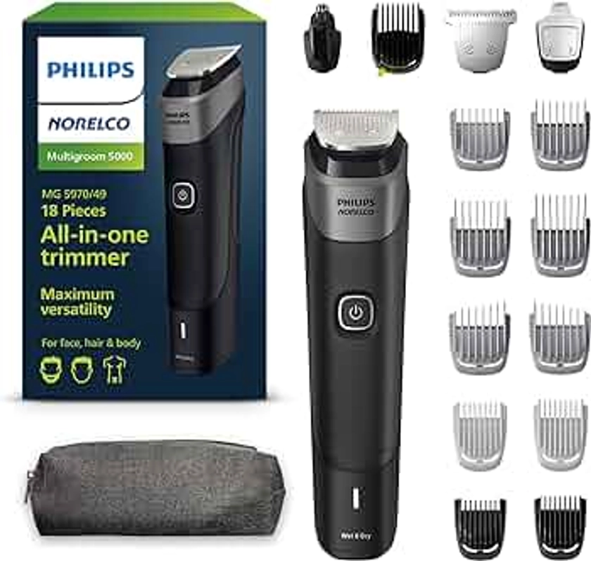 Norelco Philips Multigroom 5000 Series, All-in-One Shaver, Beard Trimmer and Hair Clipper, 18-Piece Men's Grooming Kit for Beard, Face, Nose, Ear and Body, Toiletry Bag, Model MG5970/49