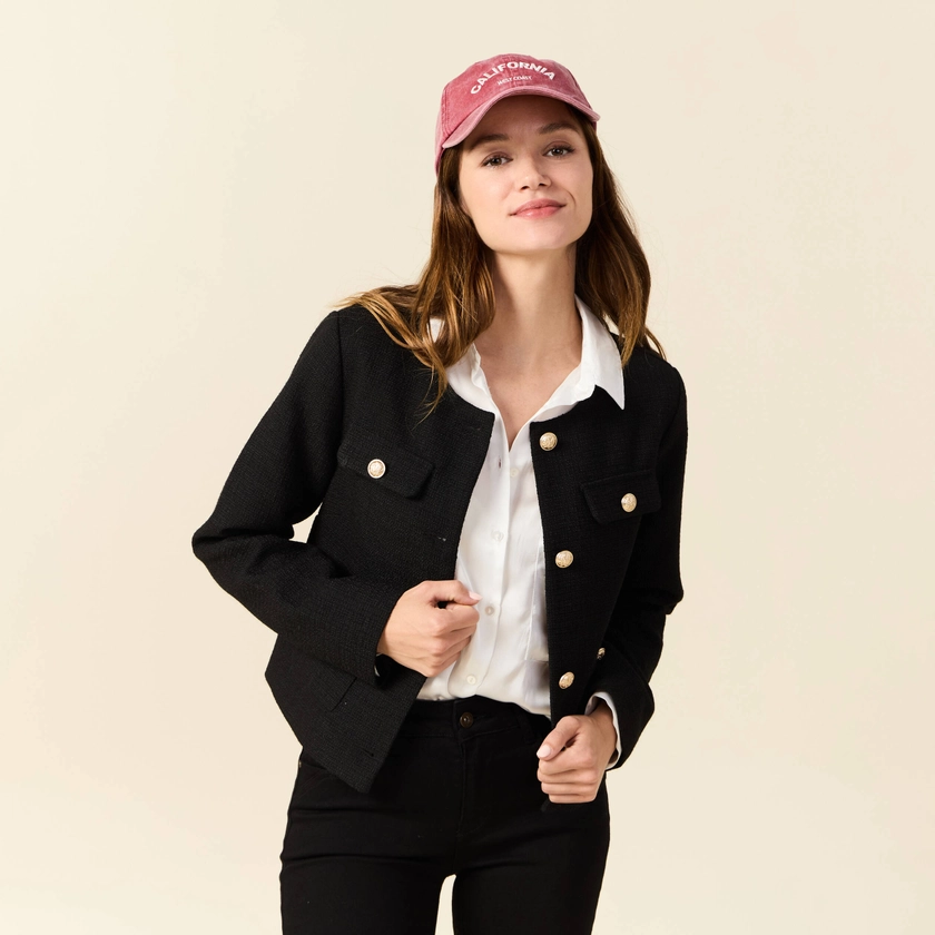 Veste tweed boutonnée noir femme