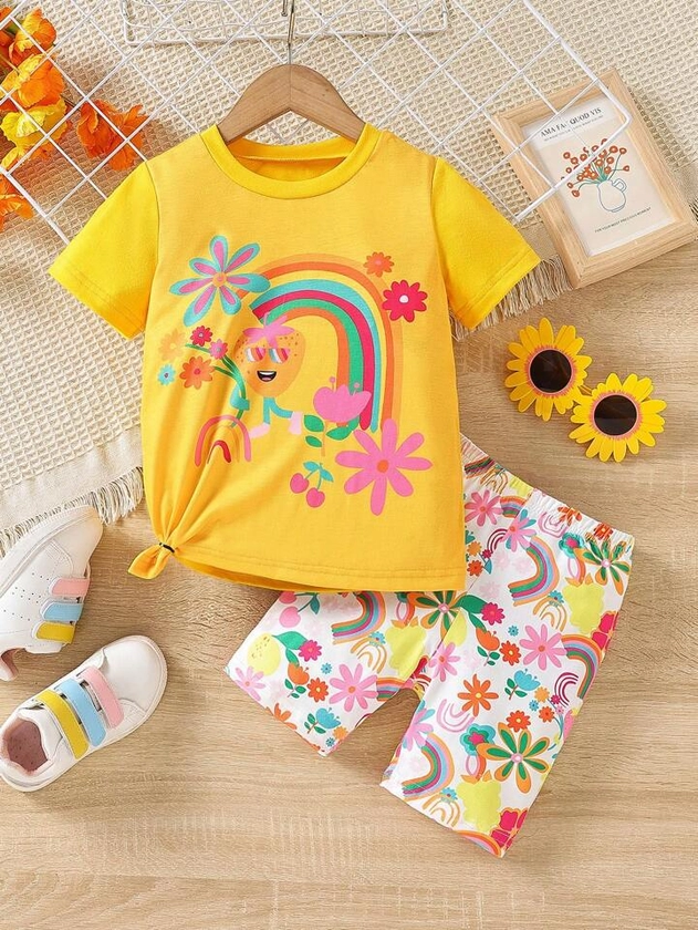 SHEIN Young Girl Rainbow & Floral Print Tee & Shorts