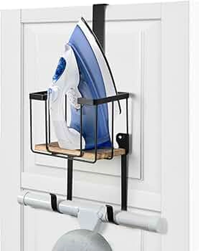 TJ.MOREE Wall Mount/Over the Door Ironing Board Holder with Large Storage Basket, Laundry Room Iron and Ironing Board Holder Storage Holder