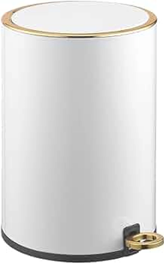WanWanKa 2.0 Gallon Stainless Steel Trash Can with Lid, White, 8L/2Gallon, Foot Pedal, Dual Barrel Design, Soft Close Lid