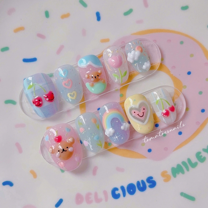 Have A Beary Good Day, Cute Teddy Bear Nails, Cute Cherry Nails, Handprinted Rainbow Flower Nails, 3D Korean Press On Nails, Get Nail Art