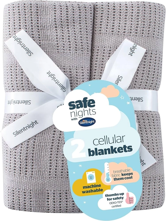 Silentnight Safe Nights Baby Blanket - Pack of 2 Soft 100% Cotton Cellular Baby Blanket for Newborn Ideal for Cot, Crib, Moses Basket and Pram - Baby Essentials - 2 Pack - Grey