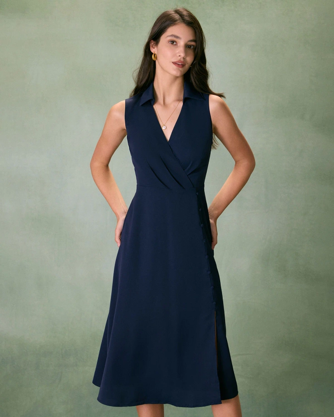 The Navy Collared Ruched Sleeveless Midi Dress