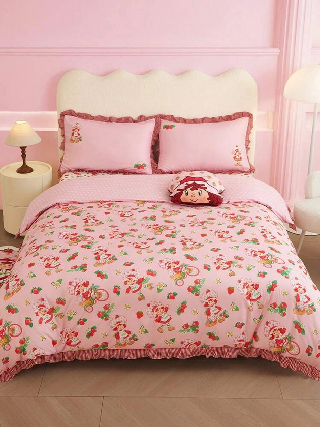 Strawberry Shortcake X SHEIN Cartoon Figure & Strawberry Gingham Ruffle Trim Bedding Set