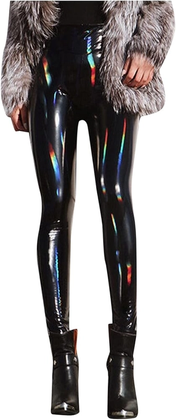 Shiny Leggings - High Waist Stretch Mirror Faux Leather Tights PU Coated Look Reflective Shiny Legging for Women