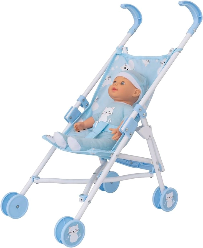 BabyBoo Single Stroller | Toy Dolls Buggy | Baby Doll Pushchair | Childrens Baby Doll Stroller Toy Umbrella Fold Stroller | Role Play Toy Dolls Buggy Pushchair | Ages 2+ (Blue Kittens)